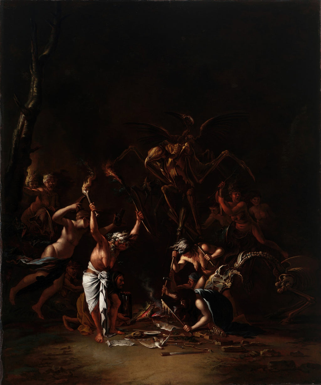 Quadro decorativo 'A Feiticeira' de Salvator Rosa, mostrando figuras em um ritual noturno com tochas e esqueletos, sob uma atmosfera escura e dramática.