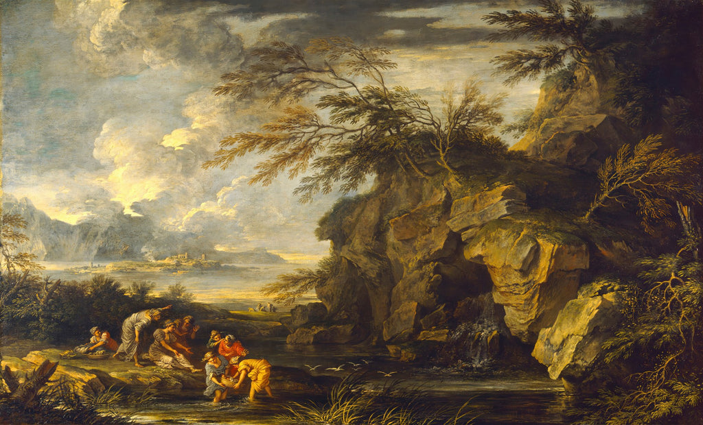 Quadro decorativo 'A Descoberta de Moisés' de Salvator Rosa, mostrando um grupo de mulheres à beira de um rio com vegetação densa e rochas, sob um céu dramático com nuvens iluminadas.
