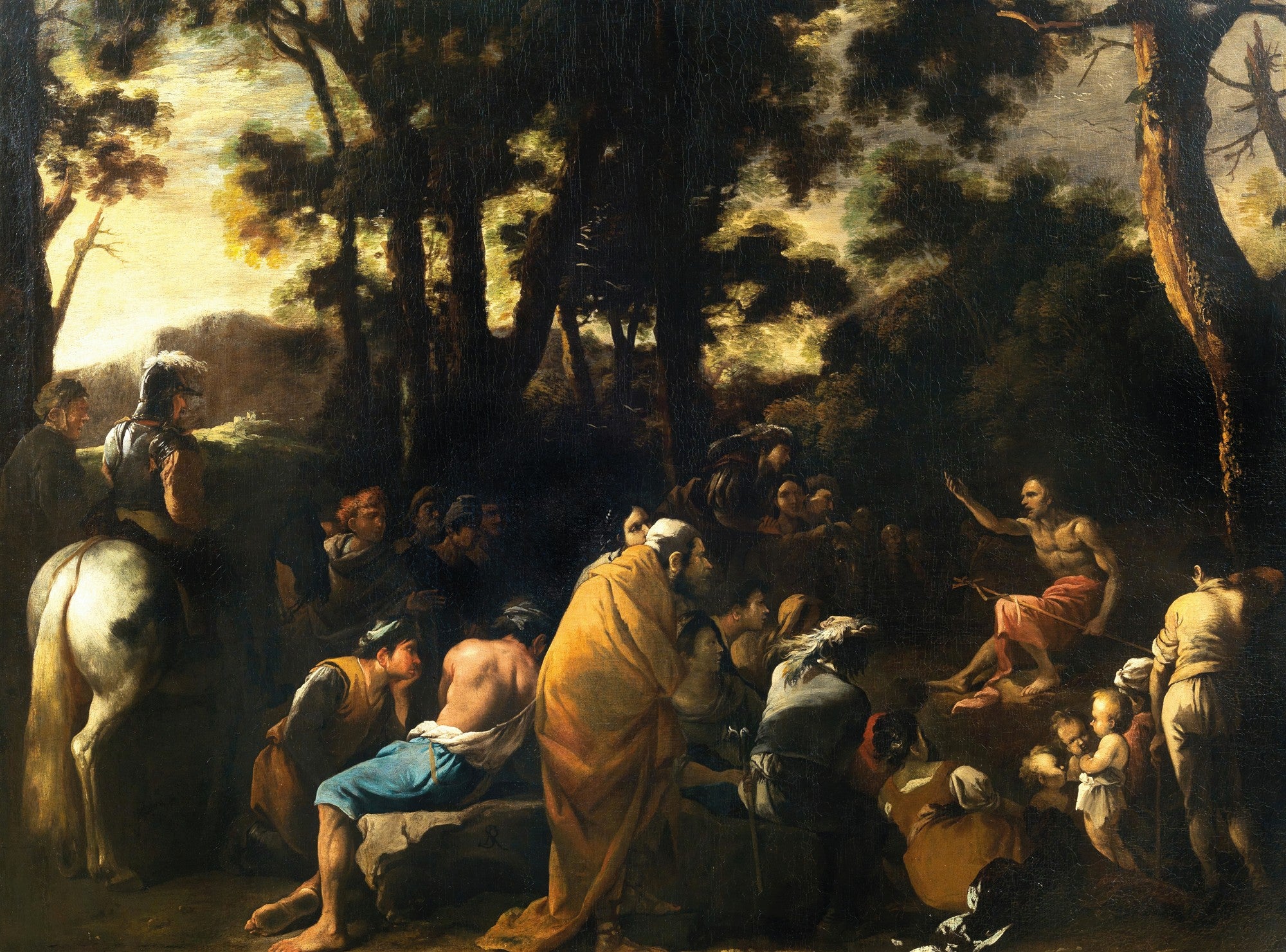 Pintura a óleo de Salvator Rosa, "Pregação de João Batista no Deserto", mostrando João Batista pregando a uma multidão em uma paisagem florestal escura com luz dourada ao fundo.