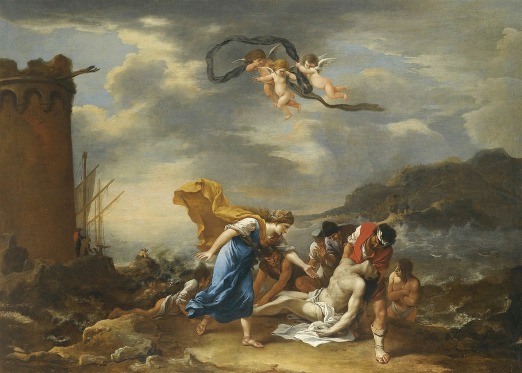 Pintura barroca de Salvator Rosa, 'A Enseada Tempestuosa', mostrando um naufrágio e resgate em uma costa rochosa, com figuras dramáticas e anjos no céu.