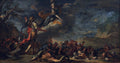 Uma pintura barroca de Salvator Rosa, 'A Minerva', retratando uma deusa em nuvens intervindo em uma cena de batalha caótica e escura, com guerreiros no chão e árvores secas no canto esquerdo.