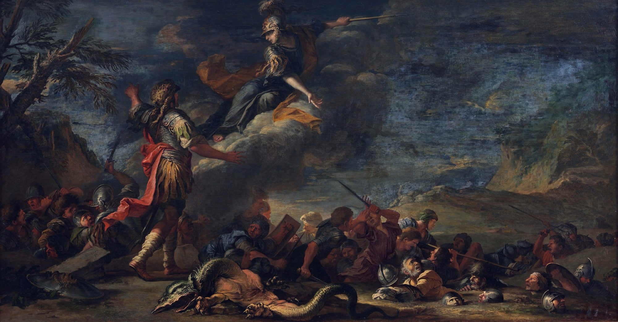 Uma pintura barroca de Salvator Rosa, 'A Minerva', retratando uma deusa em nuvens intervindo em uma cena de batalha caótica e escura, com guerreiros no chão e árvores secas no canto esquerdo.