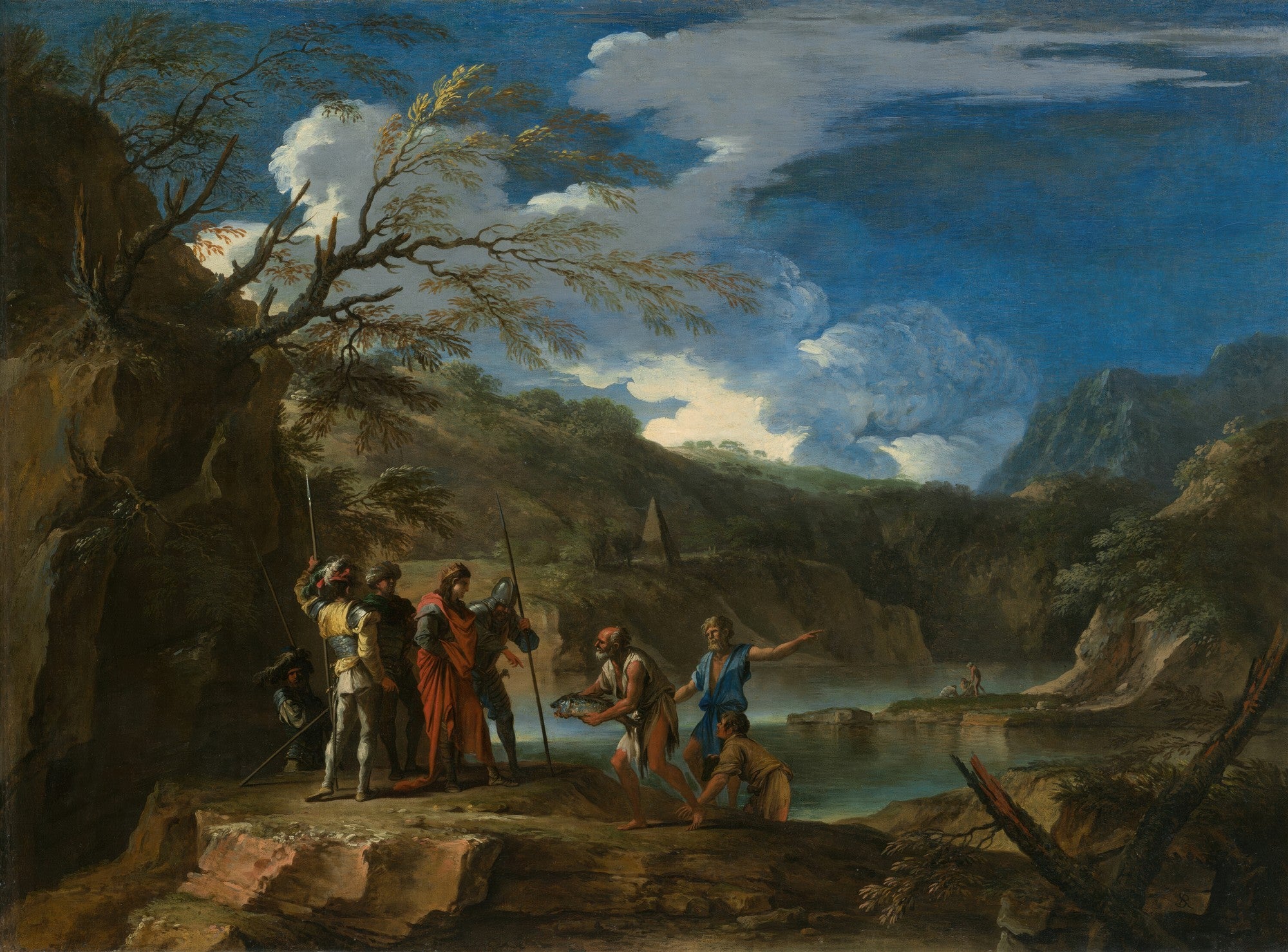 Quadro decorativo 'A Pesca Milagrosa' de Salvator Rosa, mostrando uma paisagem rochosa com figuras à beira de um lago sob um céu dramático, com um homem segurando um peixe grande.