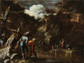 Quadro a óleo de Salvator Rosa, A Pesca Milagrosa, retratando figuras em uma paisagem rochosa escura com um lago e nuvens dramáticas no céu. Várias figuras em trajes antigos estão na margem e na água, com uma pessoa apontando para o horizonte. A paleta é escura com tons de marrom, verde e azul, pontuada por branco nas nuvens.