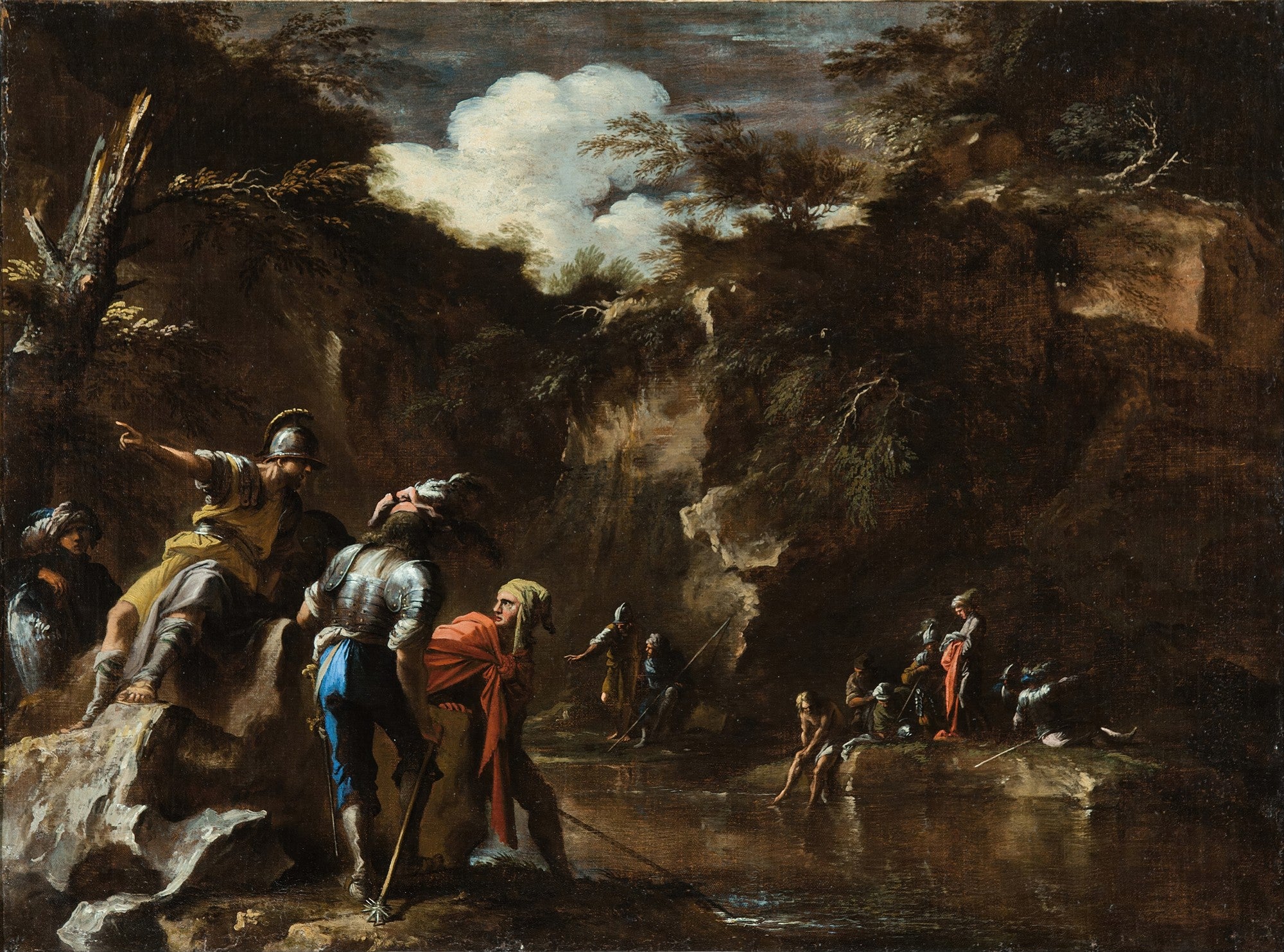 Quadro a óleo de Salvator Rosa, A Pesca Milagrosa, retratando figuras em uma paisagem rochosa escura com um lago e nuvens dramáticas no céu. Várias figuras em trajes antigos estão na margem e na água, com uma pessoa apontando para o horizonte. A paleta é escura com tons de marrom, verde e azul, pontuada por branco nas nuvens.