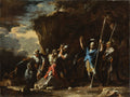 Pintura barroca de Salvator Rosa 'A Morte de Saul', mostrando figuras em armaduras e túnicas em uma paisagem escura e rochosa, com um céu tempestuoso ao fundo. Um homem com elmo e lança eleva a mão, enquanto outro grupo cerca um rei ferido.