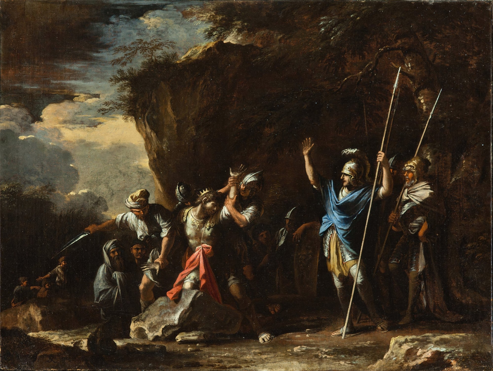 Pintura barroca de Salvator Rosa 'A Morte de Saul', mostrando figuras em armaduras e túnicas em uma paisagem escura e rochosa, com um céu tempestuoso ao fundo. Um homem com elmo e lança eleva a mão, enquanto outro grupo cerca um rei ferido.