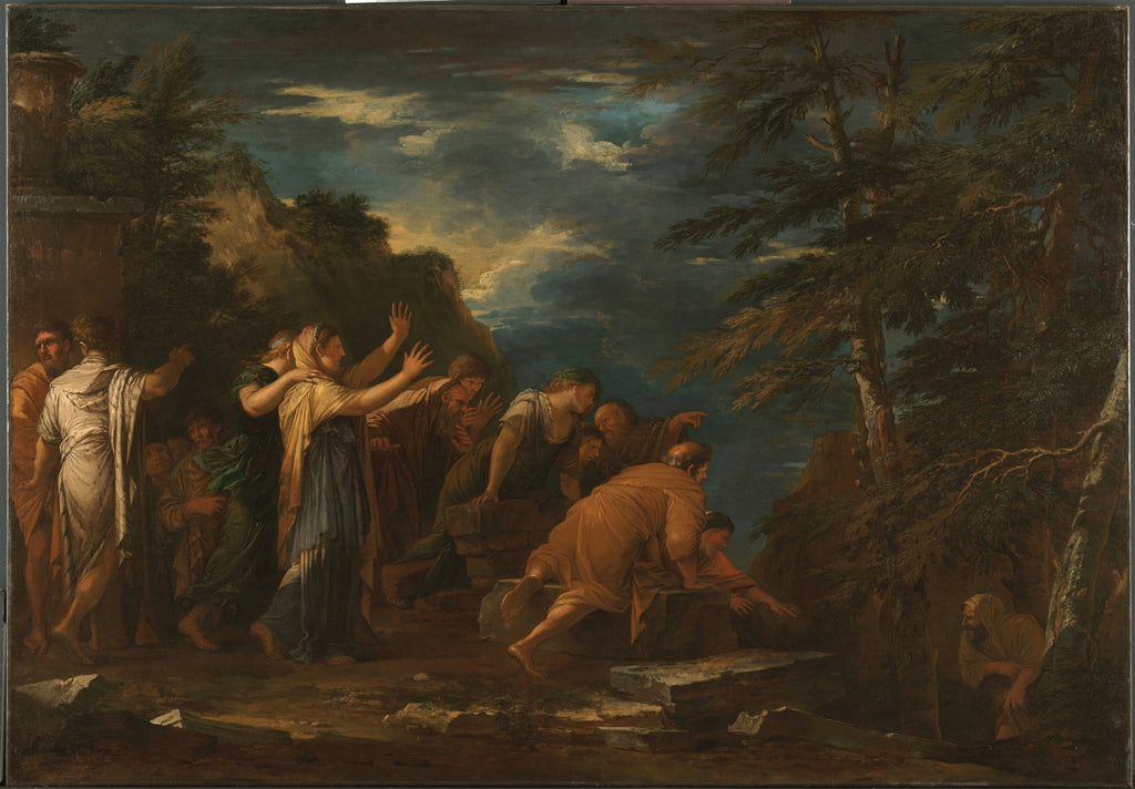 Uma pintura barroca de Salvator Rosa, 'A Ressurreição de Lázaro', mostrando Jesus chamando Lázaro de um túmulo, com um grupo de pessoas reagindo com espanto e reverência em uma paisagem escura e rochosa sob um céu dramático.