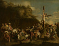 Uma pintura barroca de Salvator Rosa retratando a crucificação de Cristo, com figuras sofredoras e um cenário rochoso e dramático.