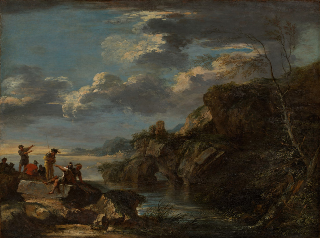 Quadro decorativo mostrando uma paisagem barroca de Salvator Rosa com céu dramático, rochas escuras, um lago e pequenas figuras humanas. A paleta de cores é escura e terrosa, com nuvens brancas e azuis no céu.