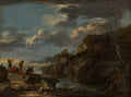 Quadro decorativo mostrando uma paisagem barroca de Salvator Rosa com céu dramático, rochas escuras, um lago e pequenas figuras humanas. A paleta de cores é escura e terrosa, com nuvens brancas e azuis no céu.