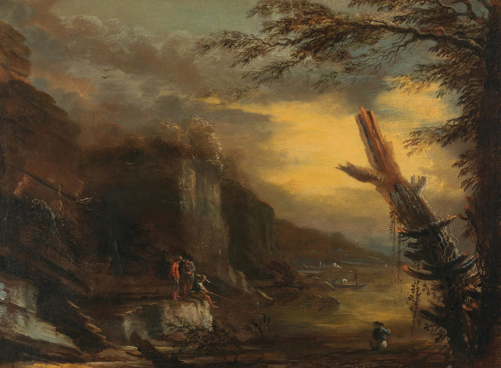 Paisagem dramática com falésias escuras, rio ou lago, figuras de pescadores e uma árvore seca em primeiro plano, sob um céu alaranjado e nublado, atribuída a Salvator Rosa.