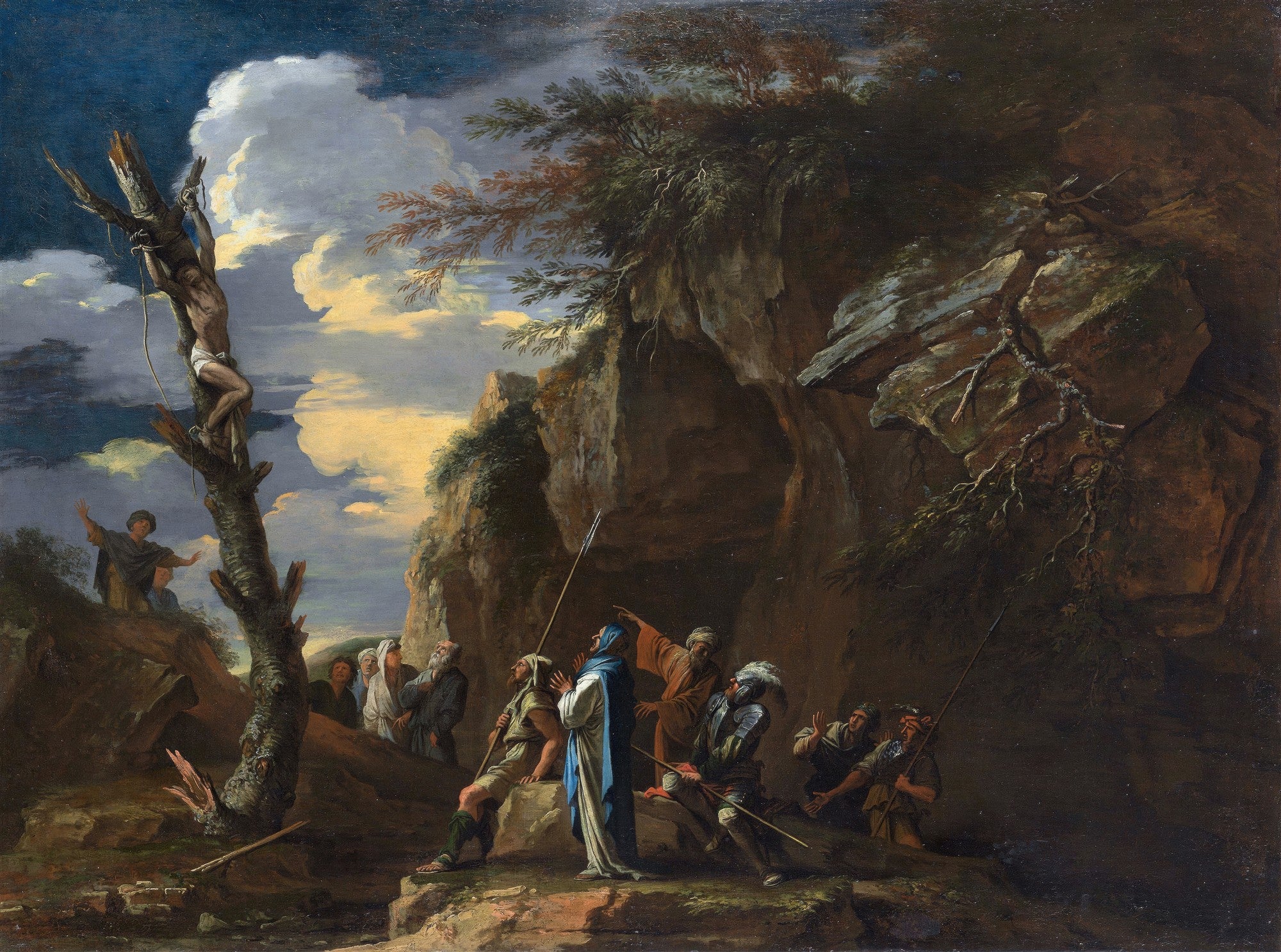 Pintura barroca de Salvator Rosa, 'A Crucificação de São Pedro', mostrando São Pedro crucificado de cabeça para baixo em um tronco de árvore, com figuras observando em uma paisagem rochosa escura sob um céu dramático.