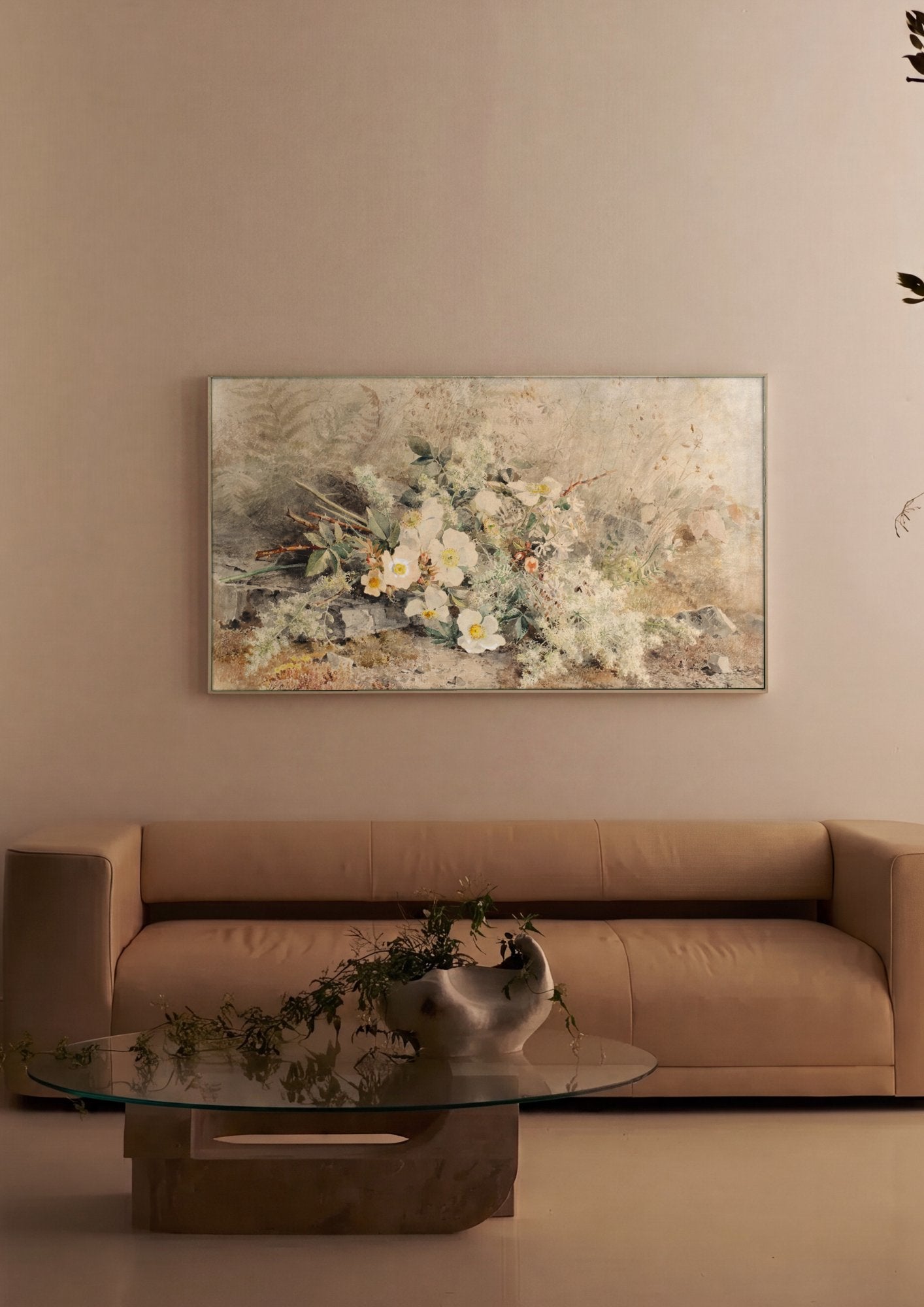 Quadro Decorativo Rosas Silvestres e Samambaias - Marie Egner em ambiente decorado