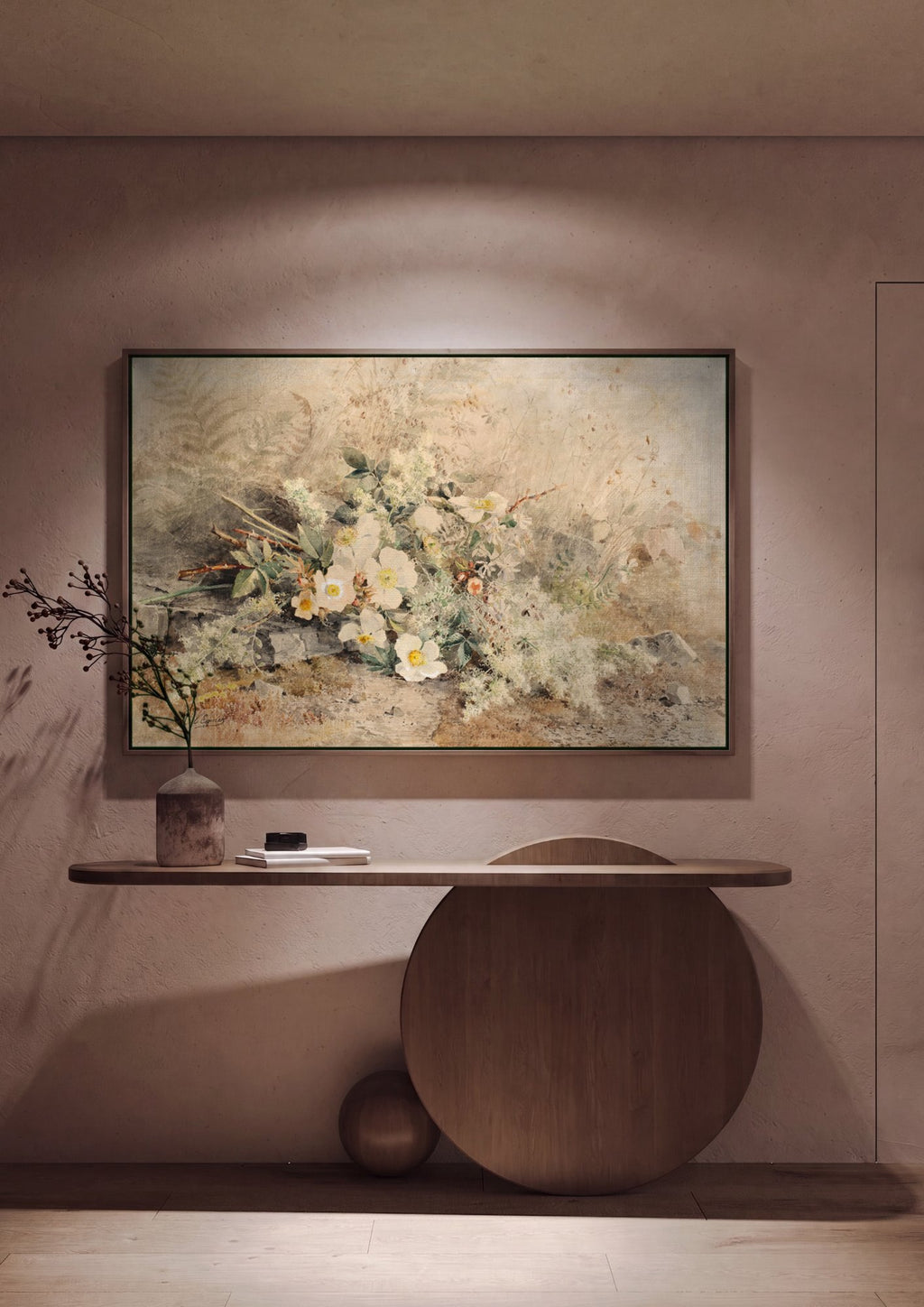 Quadro Decorativo Rosas Silvestres e Samambaias - Marie Egner em ambiente decorado