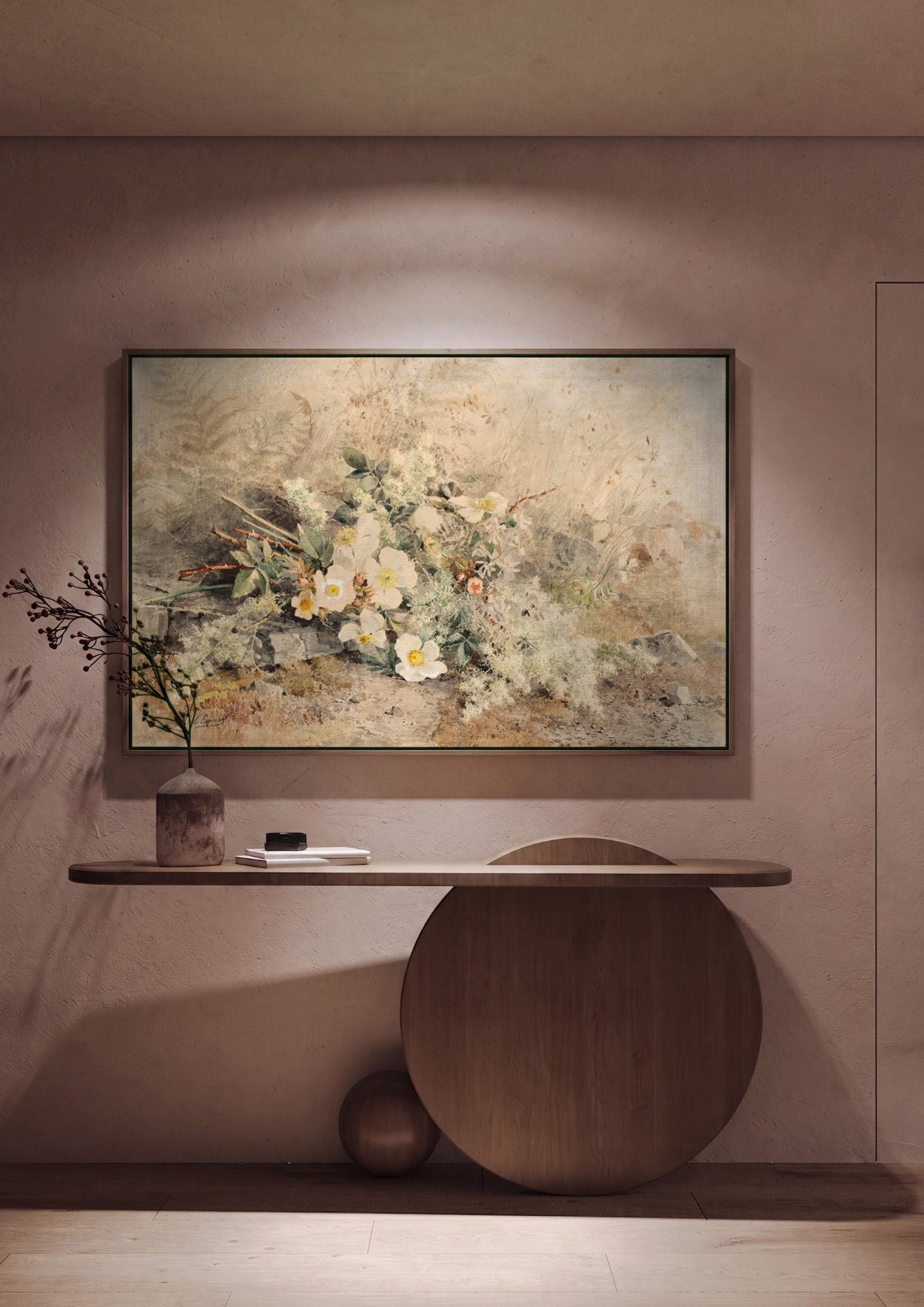 Quadro Decorativo Rosas Silvestres e Samambaias - Marie Egner em ambiente decorado