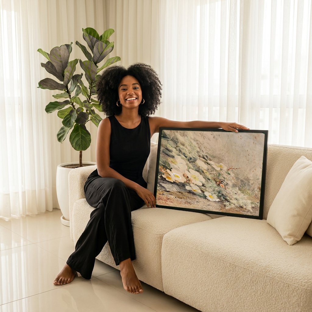 Quadro Decorativo Rosas Silvestres e Samambaias - Marie Egner com modelo em ambiente