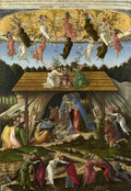 Quadro decorativo 'A Natividade Mística' de Sandro Botticelli, com anjos dançando no céu dourado sobre uma cena de natividade e figuras no chão abraçando