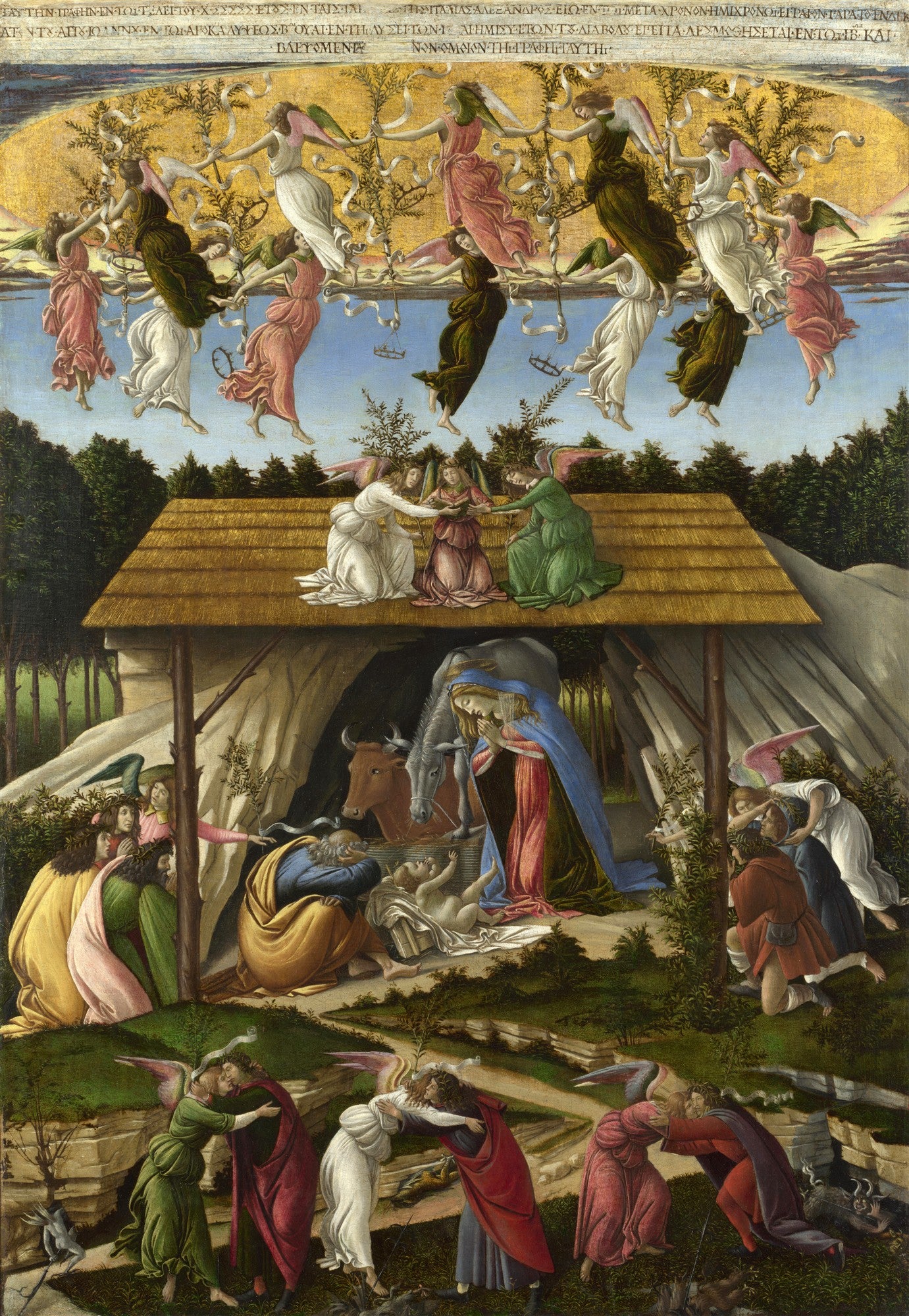 Quadro decorativo 'A Natividade Mística' de Sandro Botticelli, com anjos dançando no céu dourado sobre uma cena de natividade e figuras no chão abraçando