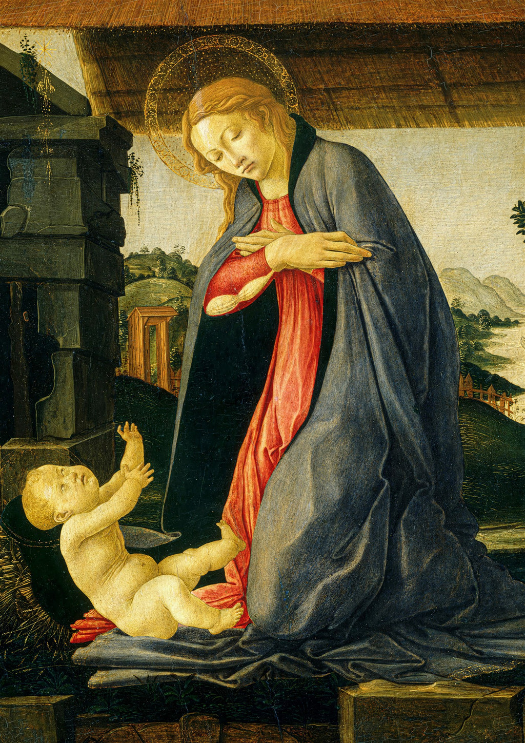 Quadro decorativo com pintura de Sandro Botticelli, 'A Adoração do Menino', mostrando a Virgem Maria ajoelhada em adoração ao Menino Jesus em um cenário pastoral.