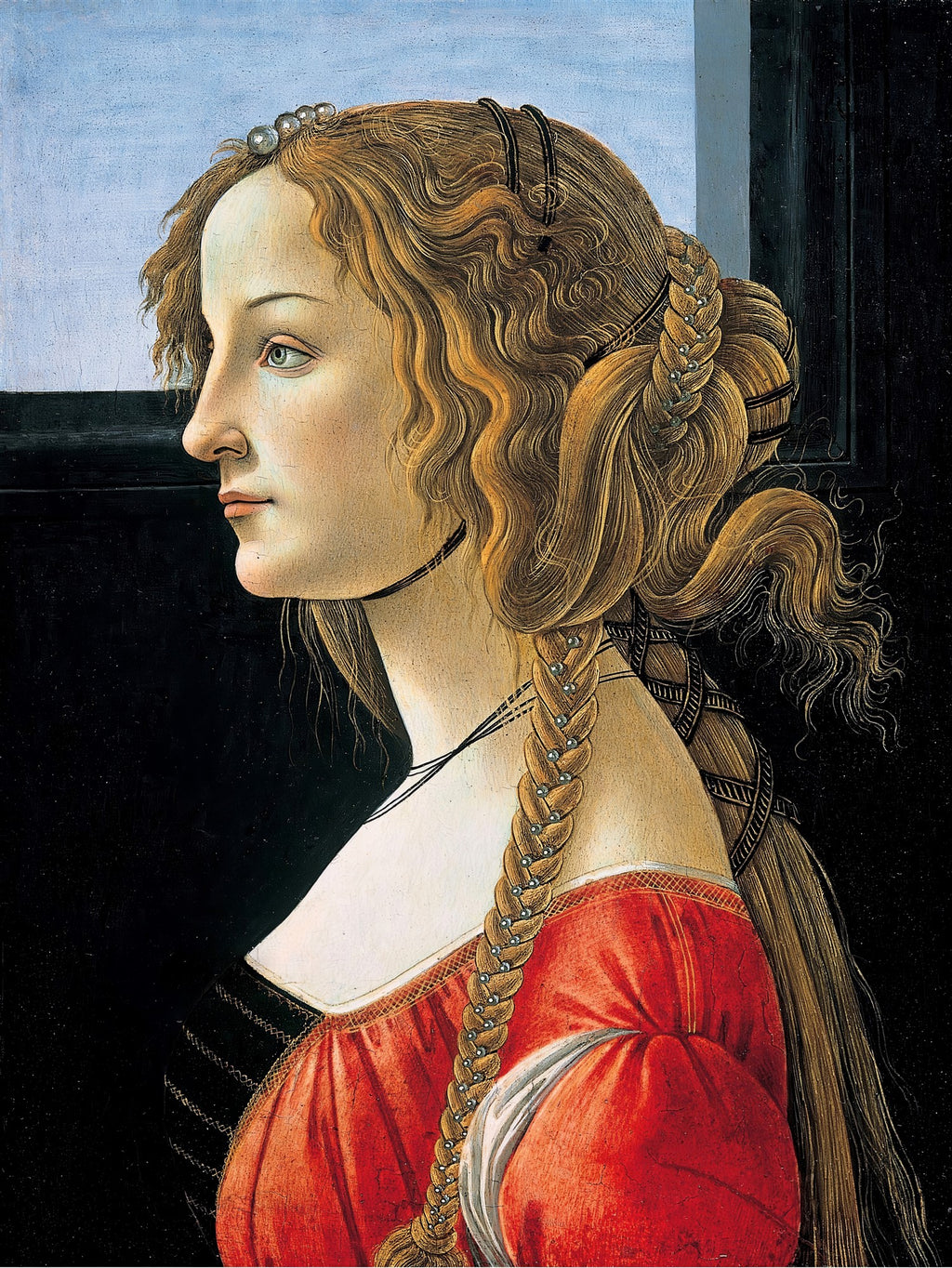 Retrato de perfil de uma jovem mulher renascentista, com longos cabelos loiros trançados e adornados com pérolas e fitas escuras, vestindo um vestido vermelho e branco. Atribuído a Botticelli.