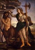 Pintura "Palas e o Centauro" de Sandro Botticelli, mostrando a deusa Palas com coroa de oliveira, segurando uma alabarda, dominando um centauro barbudo e arqueado. A cena se passa em um cenário paisagístico com mar ao fundo e formações rochosas.