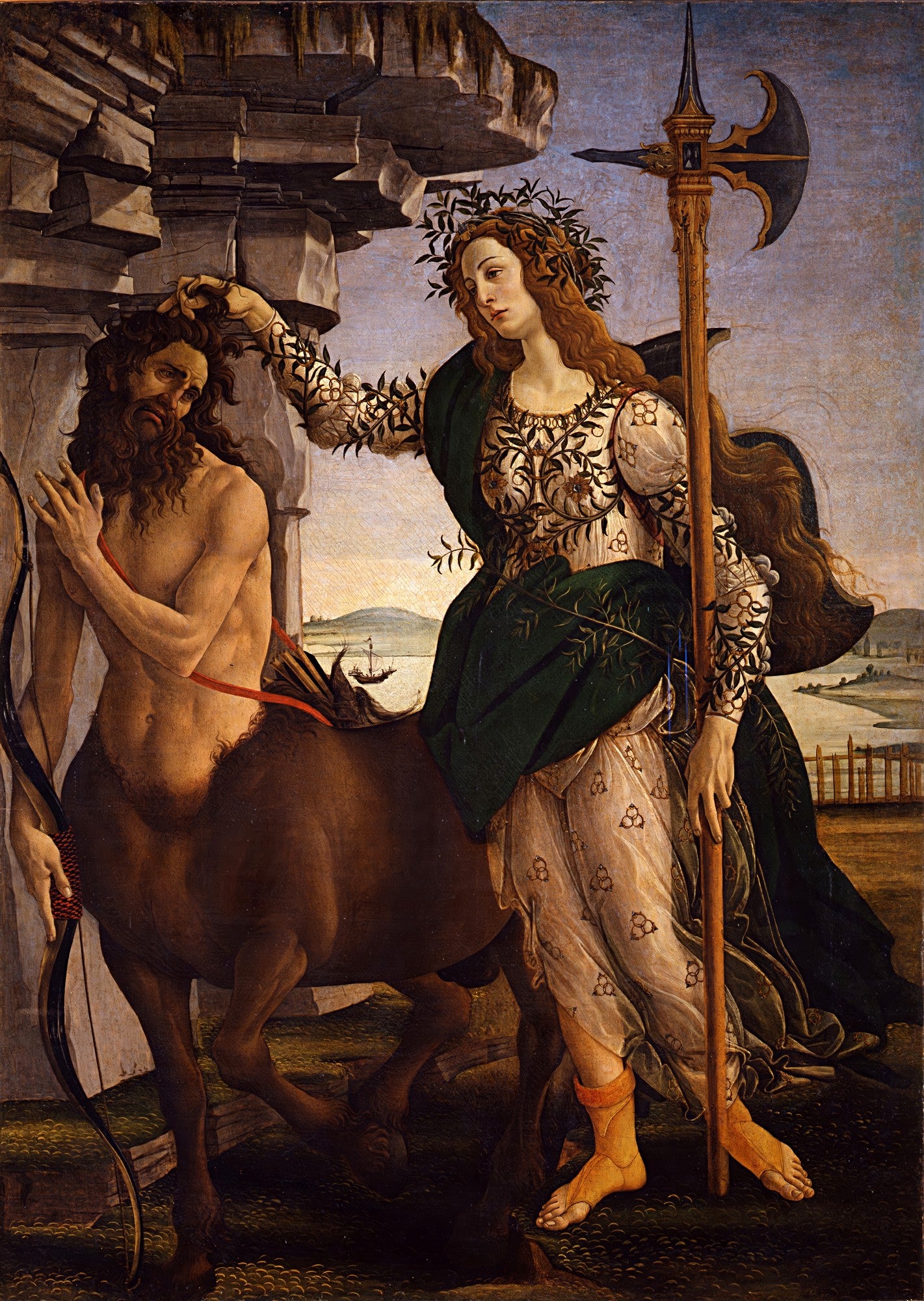 Pintura "Palas e o Centauro" de Sandro Botticelli, mostrando a deusa Palas com coroa de oliveira, segurando uma alabarda, dominando um centauro barbudo e arqueado. A cena se passa em um cenário paisagístico com mar ao fundo e formações rochosas.
