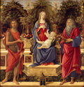 Quadro de Sandro Botticelli, Virgem Maria segurando o Menino Jesus, ladeados por São João Batista e um santo, em um cenário de jardim exuberante.