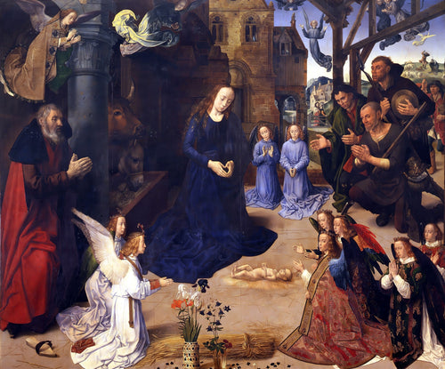 Quadro decorativo da pintura 'A Adoração dos Pastores' de Hugo van der Goes, mostrando a Virgem Maria, São José, anjos e pastores ajoelhados diante do menino Jesus, com detalhes arquitetônicos e paisagem ao fundo. A Virgem Maria está em um vestido azul escuro e os anjos em vestes claras e coloridas.