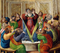 Pintura renascentista atribuída a Sandro Botticelli, representando a Descida do Espírito Santo, com Maria e os apóstolos em êxtase, em tons de vermelho, azul e verde.