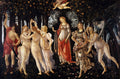 Quadro decorativo da obra 'Primavera' de Sandro Botticelli, mostrando figuras mitológicas em um jardim florido, incluindo Vênus, as Três Graças, Mercúrio e Zéfiro.