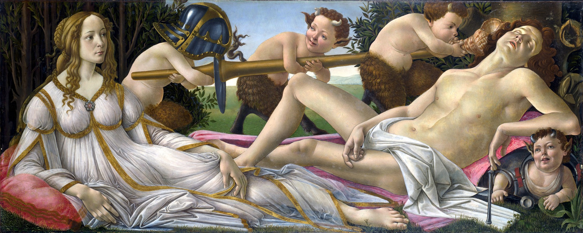 Quadro decorativo "Vênus e Marte" de Sandro Botticelli, representando a deusa Vênus observando o deus Marte adormecido, cercados por sátiros brincalhões que manipulam suas armas.
