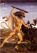 Quadro decorativo mostrando Hércules em combate com a Hidra de Lerna, com pele de leão e clava, contra um fundo de paisagem renascentista. As cores são terrosas e a cena é dramática.