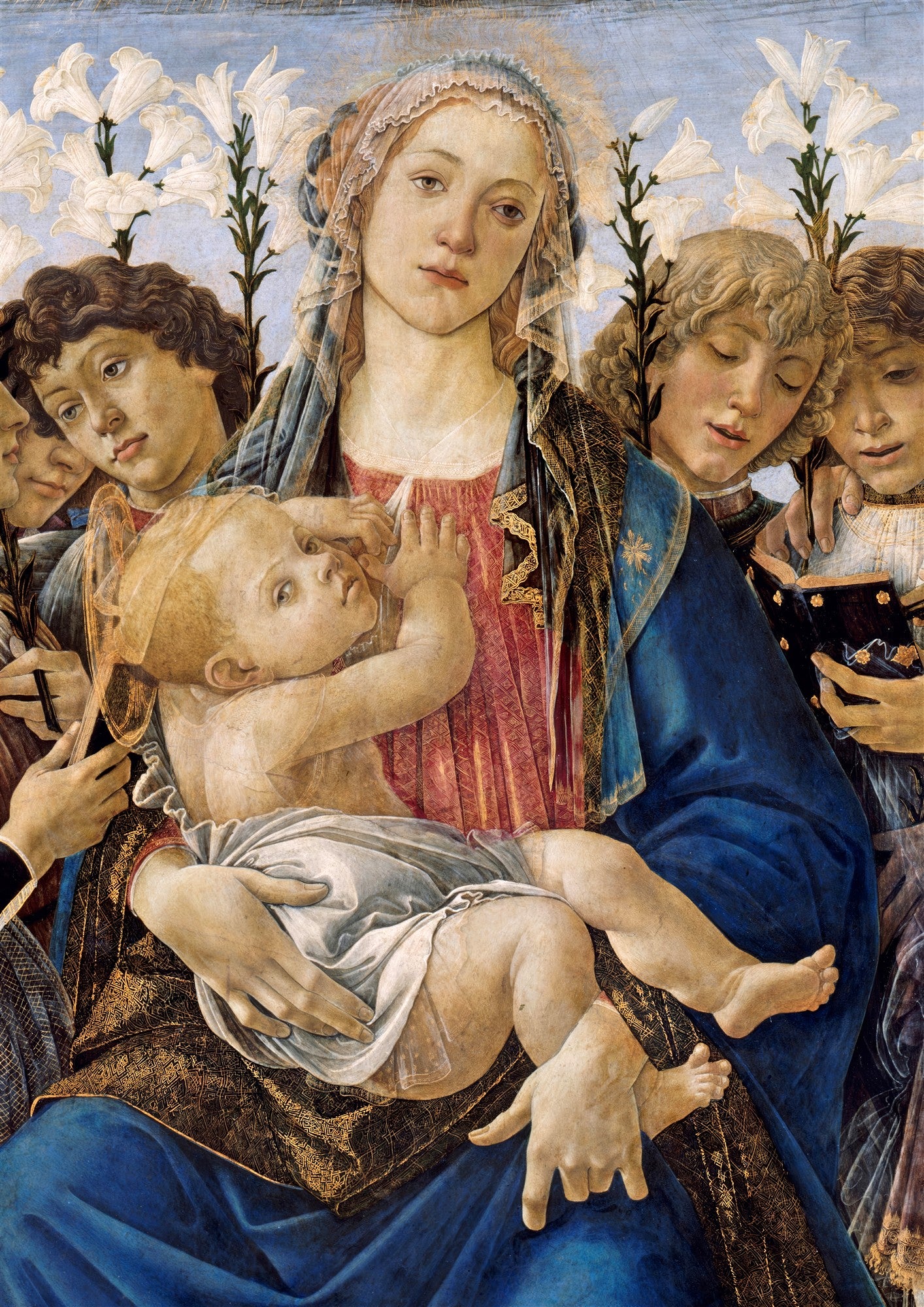 Quadro decorativo da pintura 'Madonna do Magnificat' de Sandro Botticelli, mostrando a Virgem Maria, o Menino Jesus e anjos com lírios brancos ao fundo.