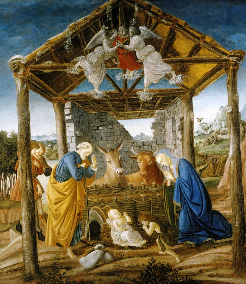 Pintura 'A Natividade Mística' de Sandro Botticelli, mostrando a cena do nascimento de Jesus com anjos, Maria, José, o menino Jesus, animais e pastores sob uma cabana rústica e anjos voando no topo