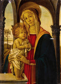 Pintura renascentista de Sandro Botticelli "Madonna e o Menino" com Maria segurando o bebê Jesus em uma composição serena e delicada com fundo arquitetônico e paisagem.