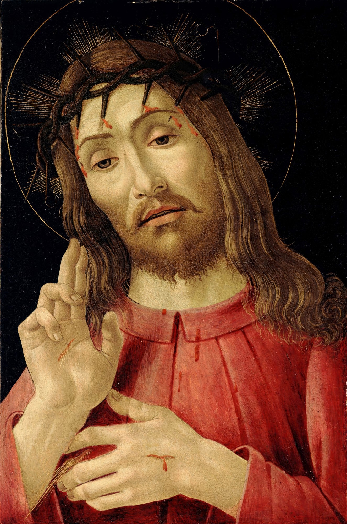 Quadro de Ecce Homo, atribuído a Sandro Botticelli, representando o busto de Cristo com coroa de espinhos, ferimentos, em tons de vermelho e dourado, sobre fundo escuro.