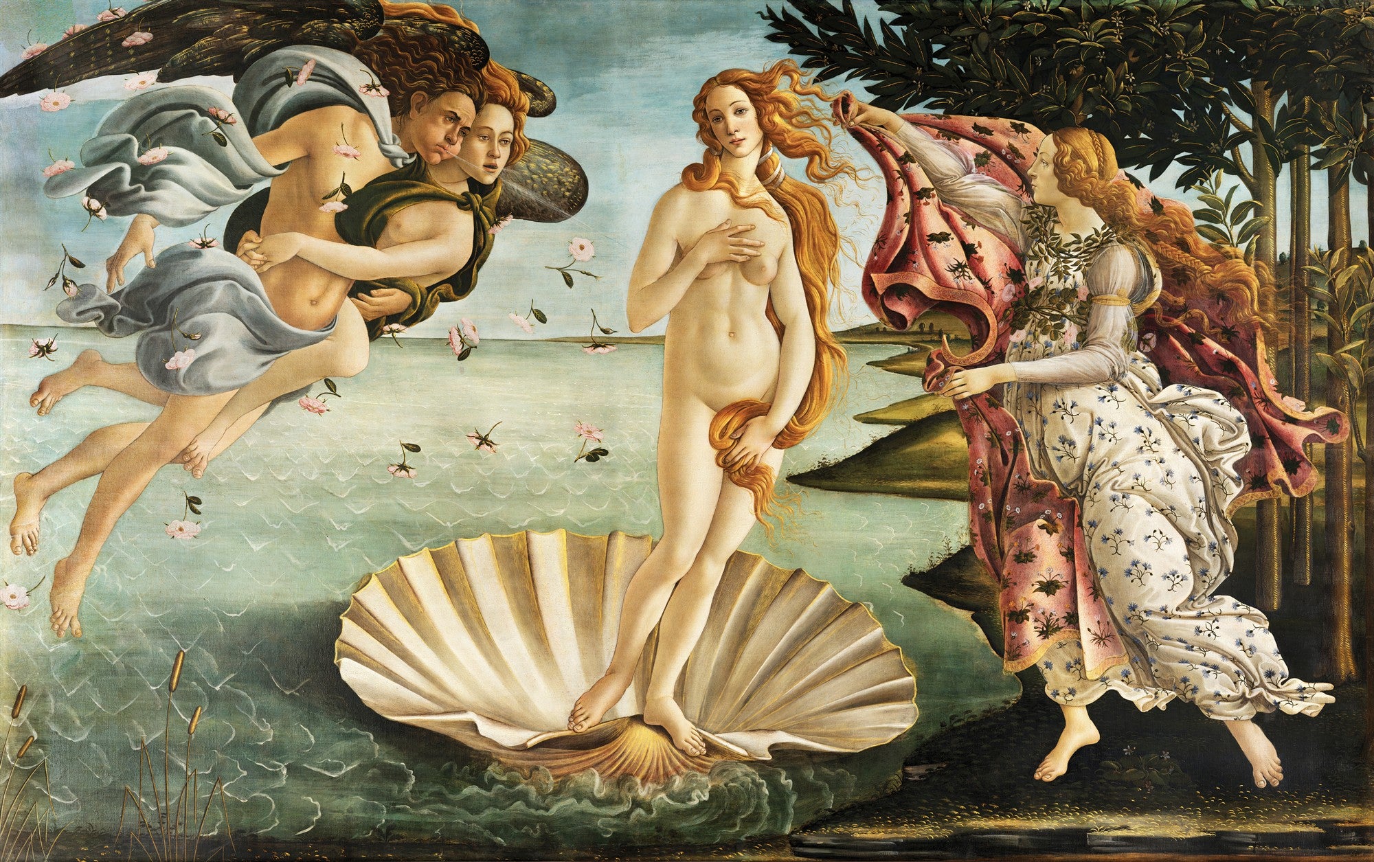 Quadro decorativo "O Nascimento de Vênus" de Botticelli, representando a deusa Vênus emergindo do mar sobre uma concha, ladeada por Zéfiro e uma Hora que a cobre com um manto. A imagem exibe tons suaves e detalhes mitológicos.