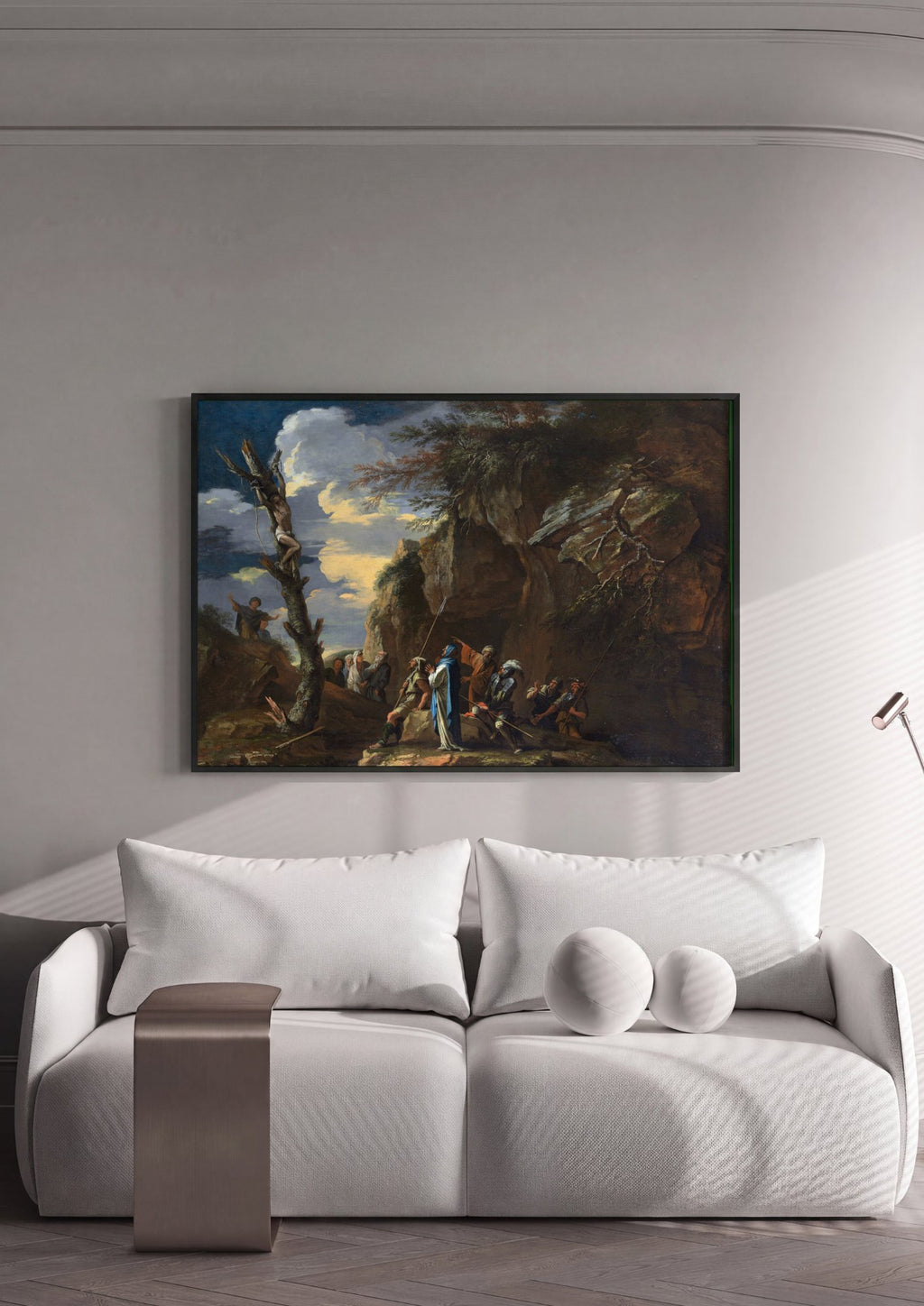 Quadro Decorativo A Crucificação de São Pedro - Salvator Rosa em ambiente decorado