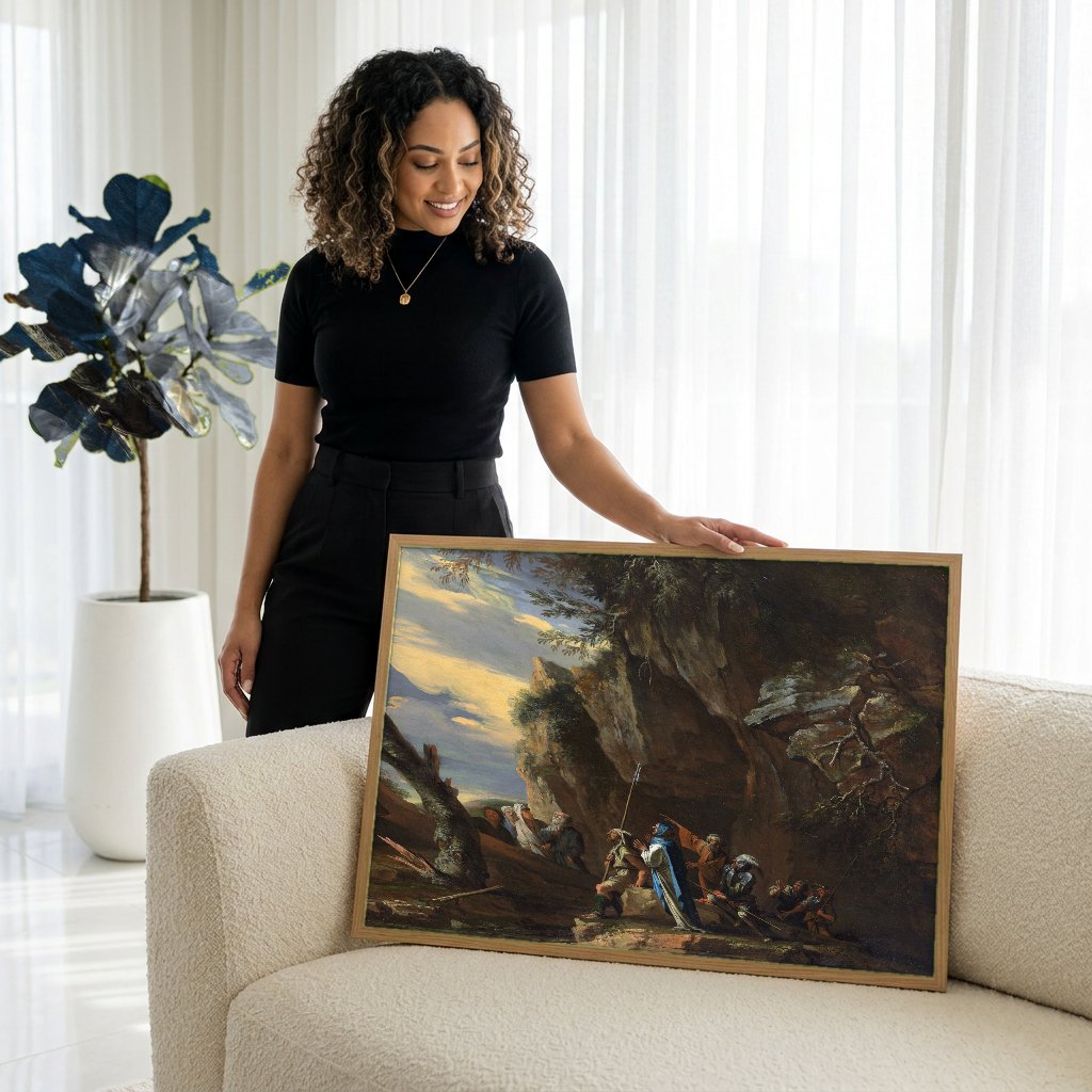 Quadro Decorativo A Crucificação de São Pedro - Salvator Rosa com modelo em ambiente