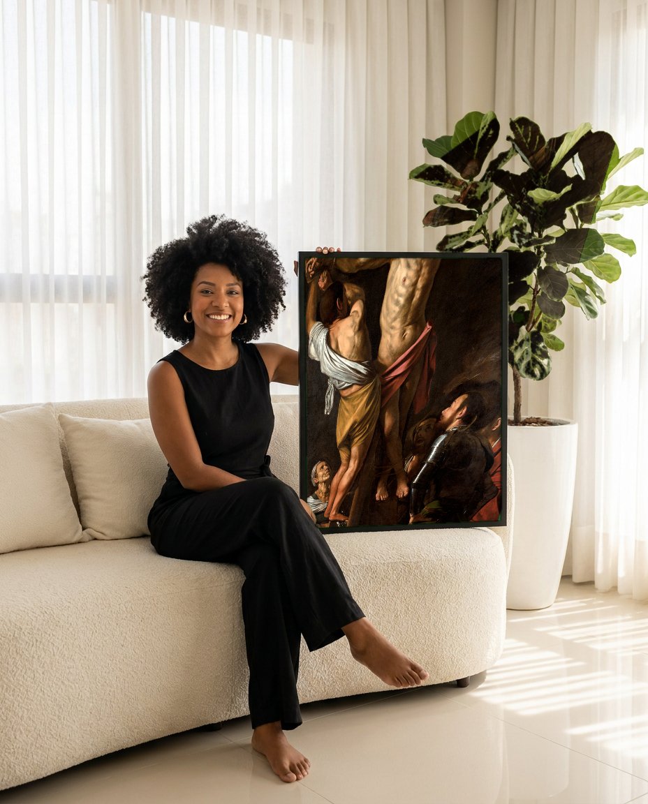 Quadro Decorativo A Crucificação de São Pedro - Caravaggio com modelo em ambiente