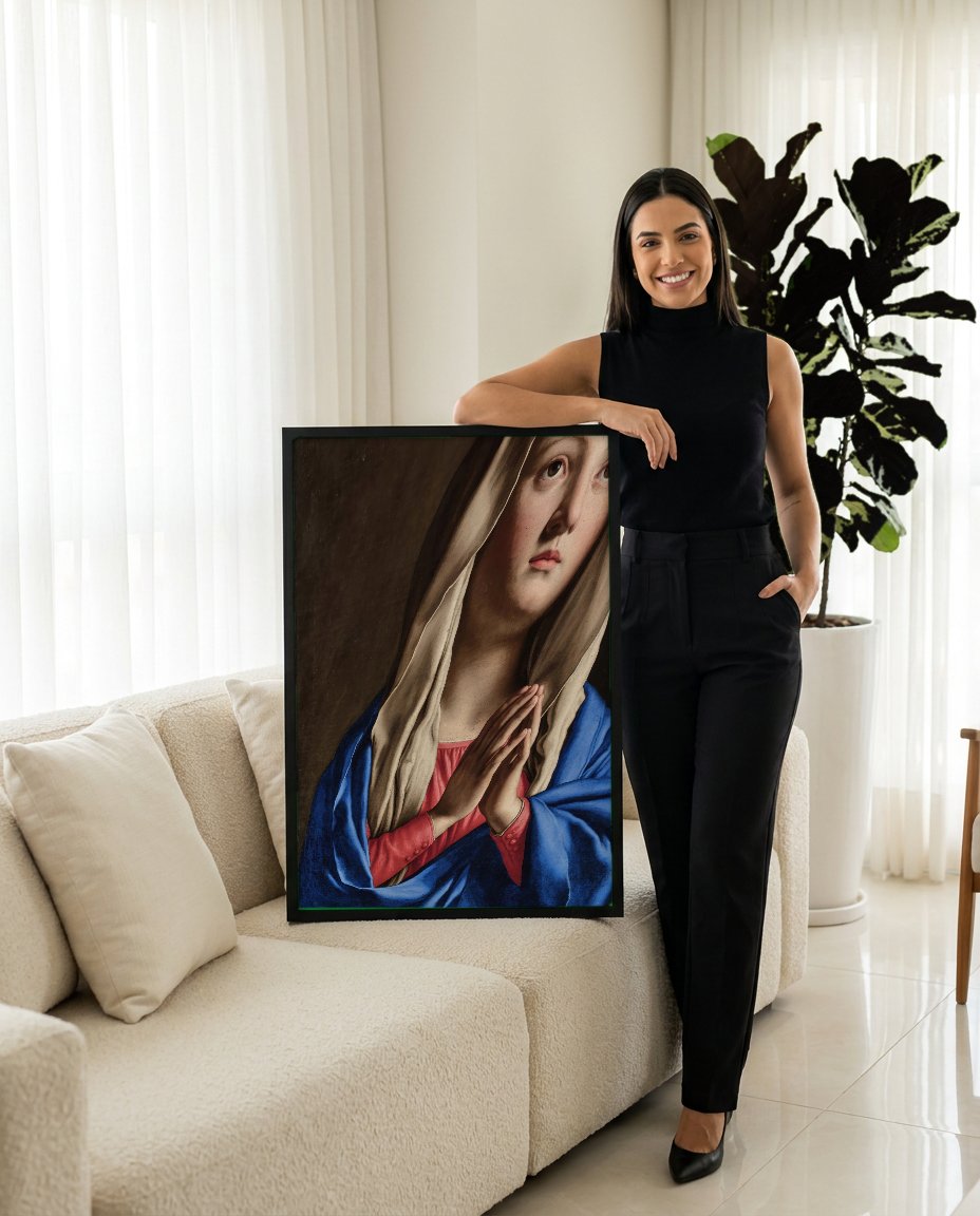 Quadro Decorativo A Virgem em Oração - Sassoferrato com modelo em ambiente