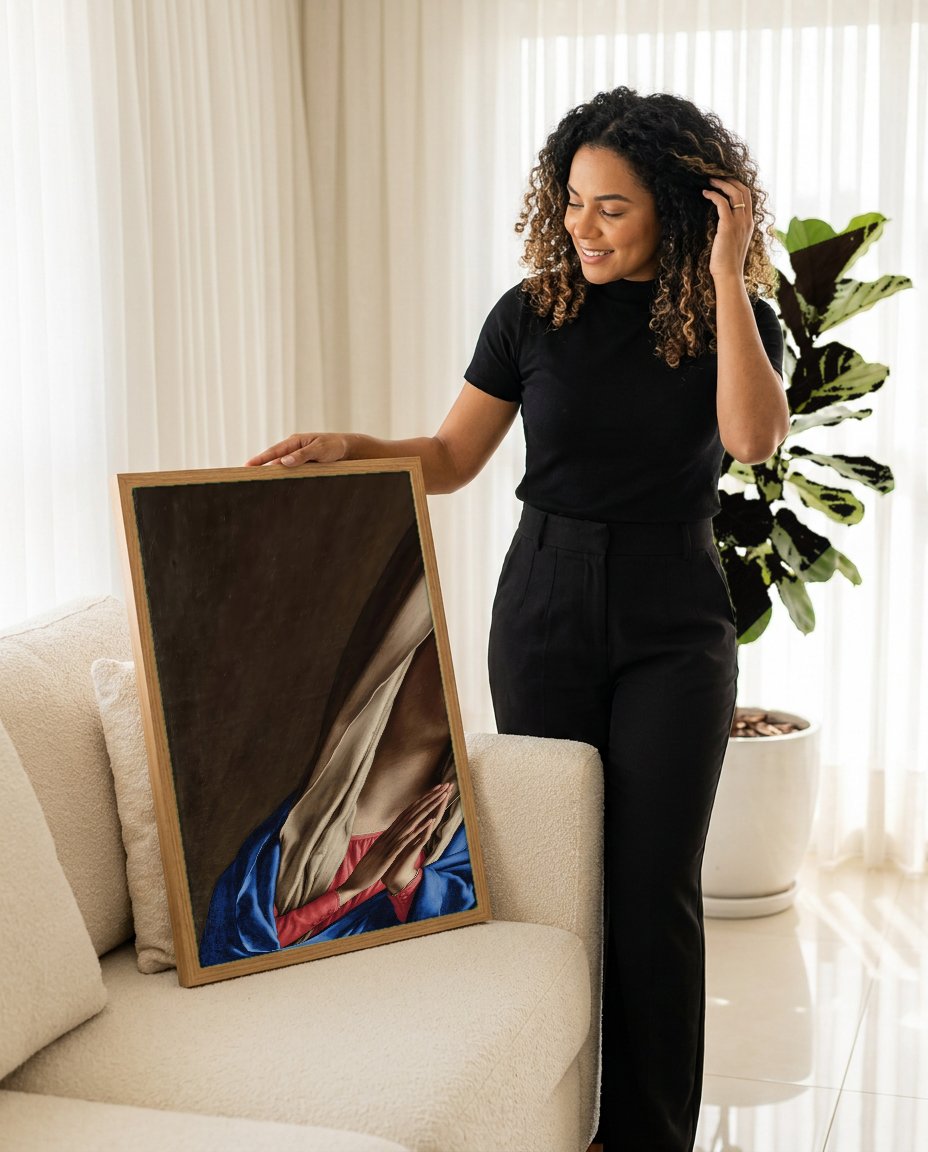 Quadro Decorativo A Virgem em Oração - Sassoferrato com modelo em ambiente