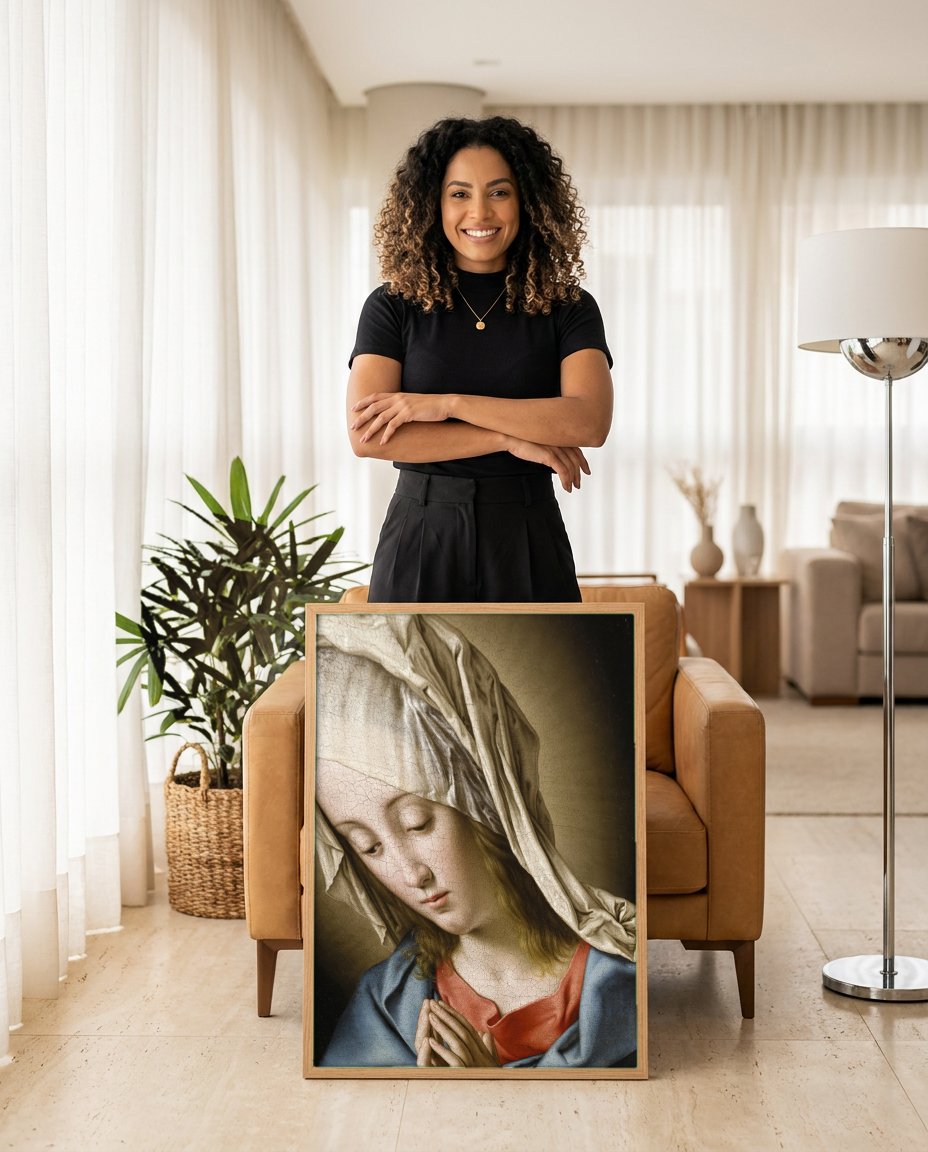 Quadro Decorativo A Virgem em Oração - Sassoferrato com modelo em ambiente