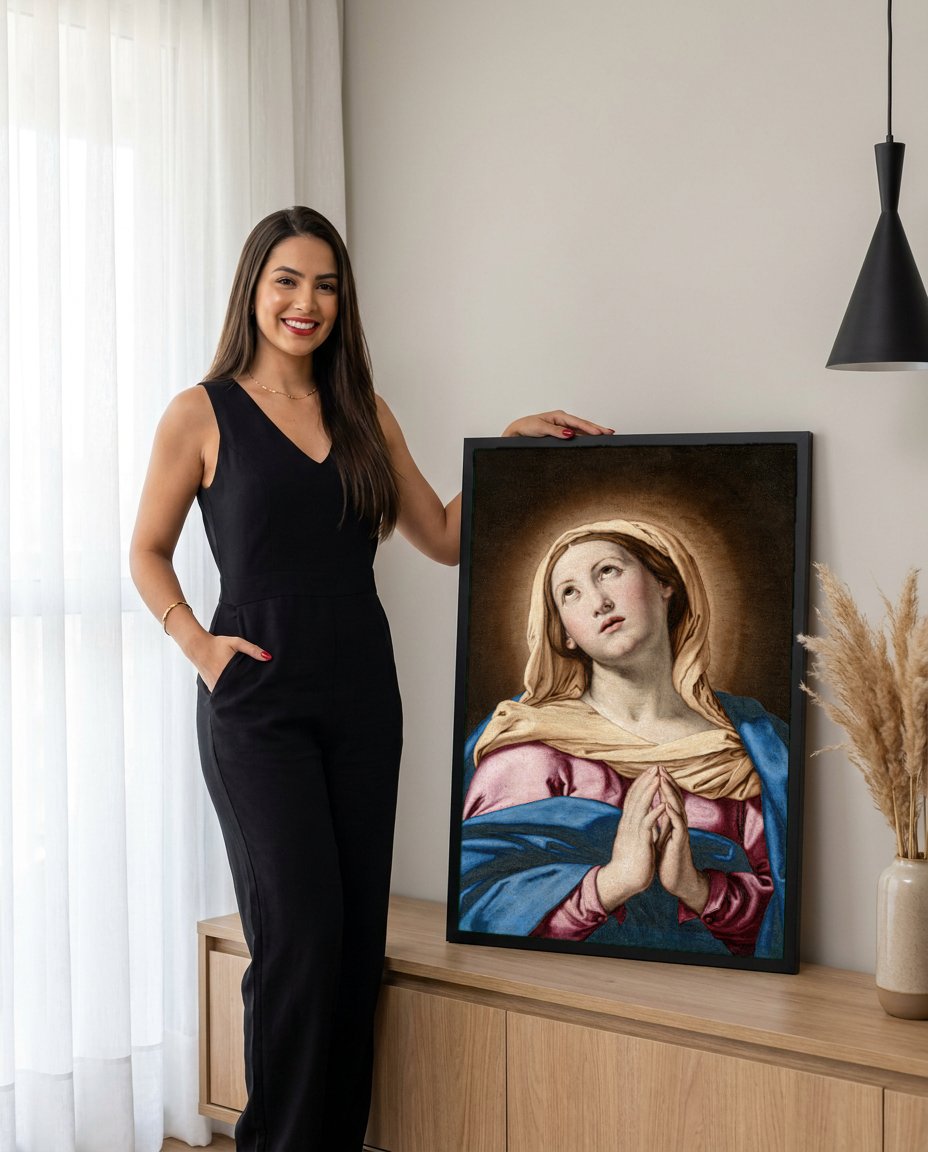 Quadro Decorativo A Virgem em Oração - Sassoferrato com modelo em ambiente