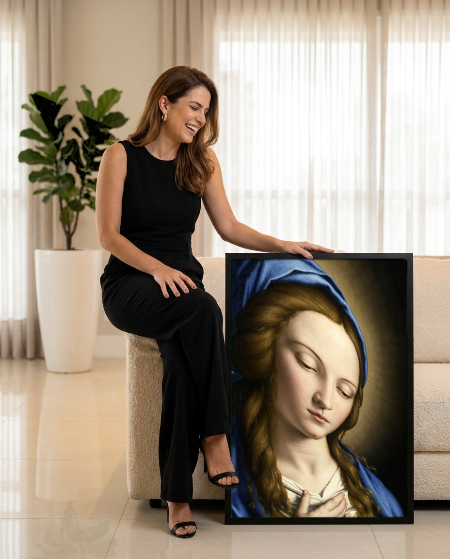 Quadro Decorativo A Virgem em Oração - Sassoferrato com modelo em ambiente