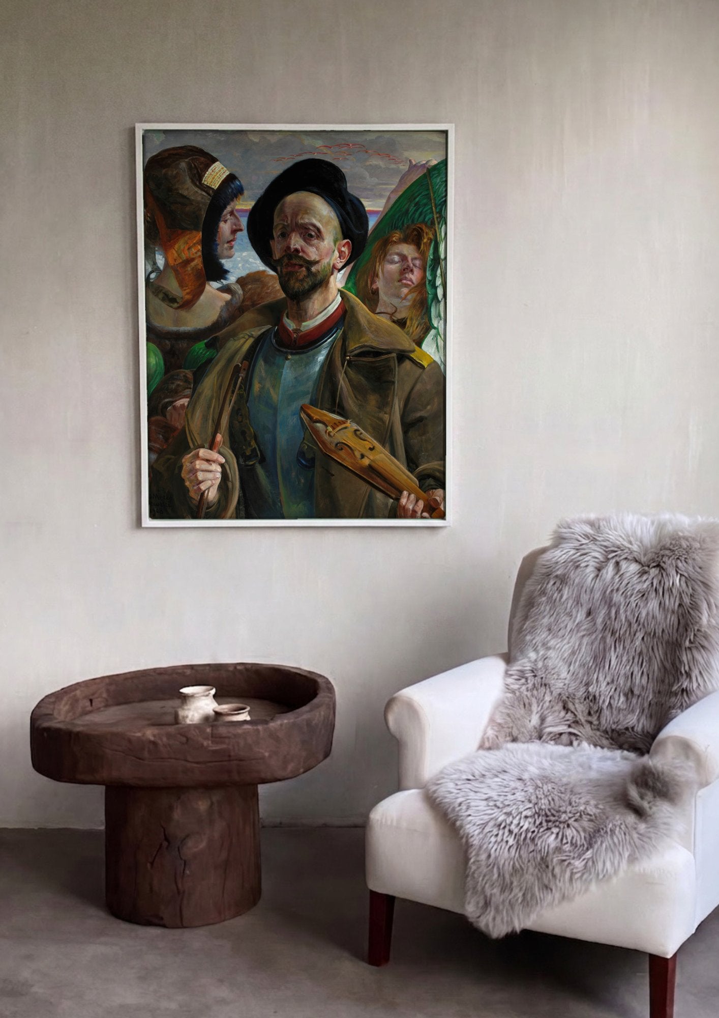 Quadro Decorativo 'Autorretrato com Musas' - Jacek Malczewski em ambiente decorado
