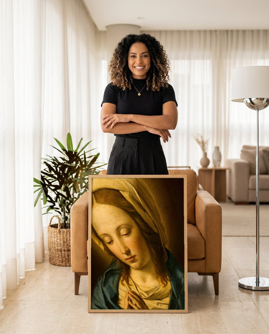 Quadro Decorativo A Virgem em Oração - Sassoferrato com modelo em ambiente
