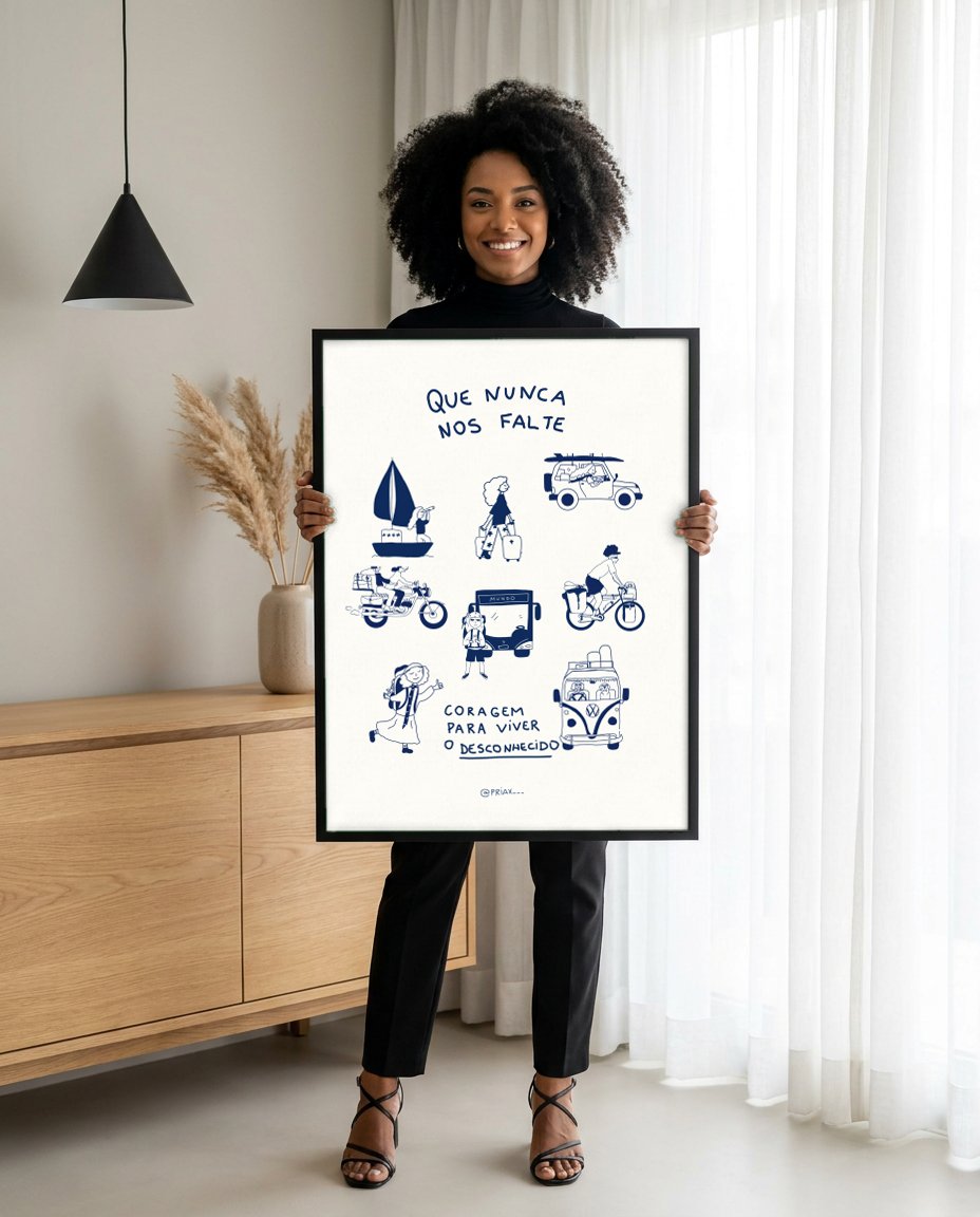 Quadro Decorativo 'Que Nunca Nos Falte Coragem' - Coletânea Viagem - Priscila Maciel com modelo em ambiente