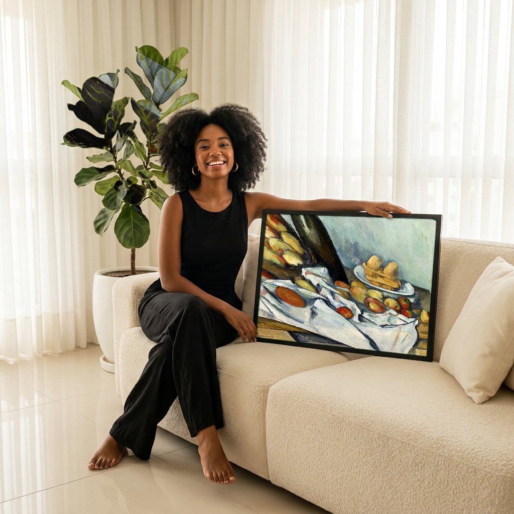 Quadro Decorativo Cesto de Maçãs e Biscoitos - Cézanne com modelo em ambiente